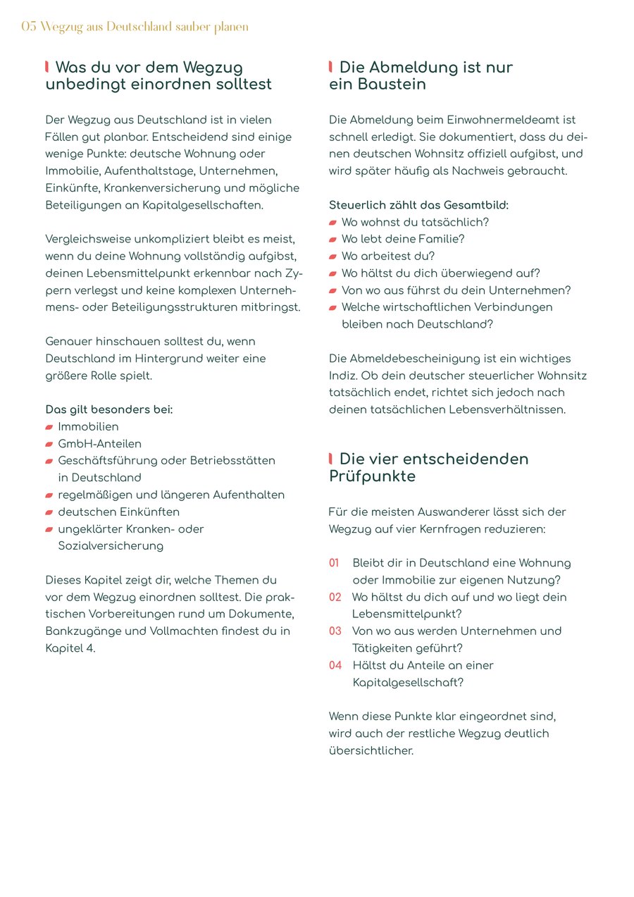 Innenseite aus dem Workbook: Checkliste zum Wegzug aus Deutschland